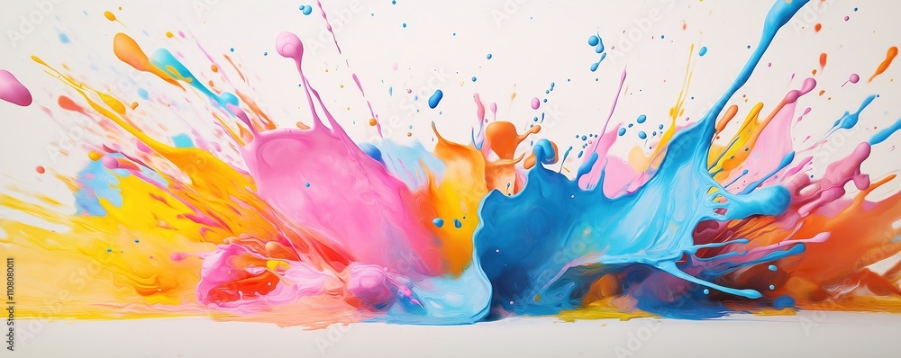 Poster Colorful paint splashes explode on white background. Vibrant colors mix creating abstract art. Dynamic movement, bright hues make striking visual. Abstract art photo. Modern design background. Paint