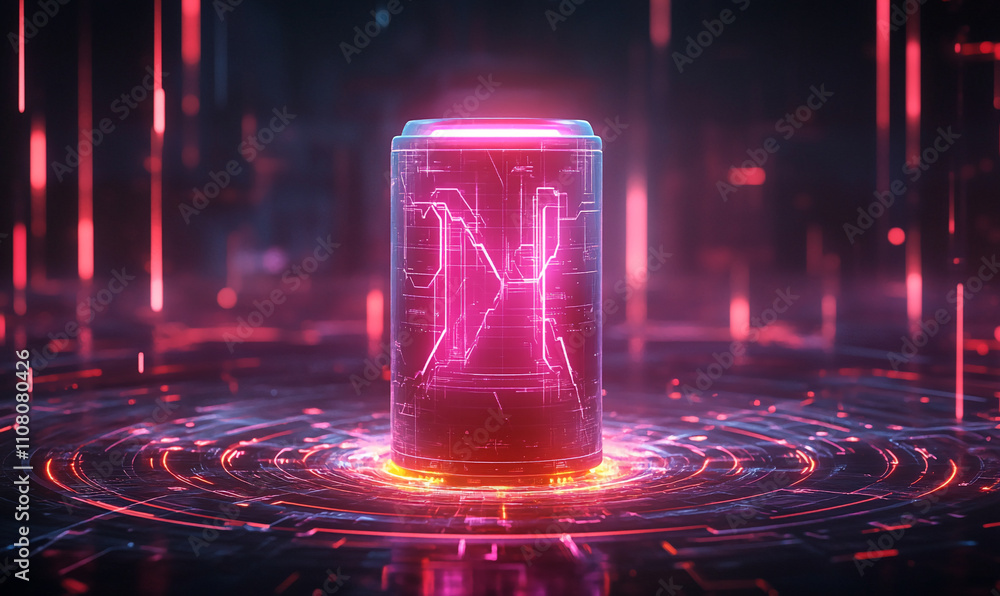 Aufkleber Futuristic neon can design with glowing circuits and digital patterns in a dark environment