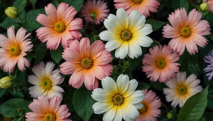 Fototapeta premium Pastel flowers surrounded by green leaves.