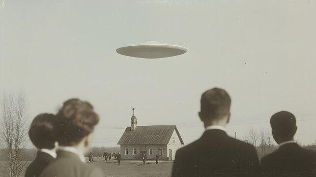 An old photo of people in a 1900s village, gazing in awe at a mysterious UFO in the sky, blending vintage aesthetics with speculative historical fiction