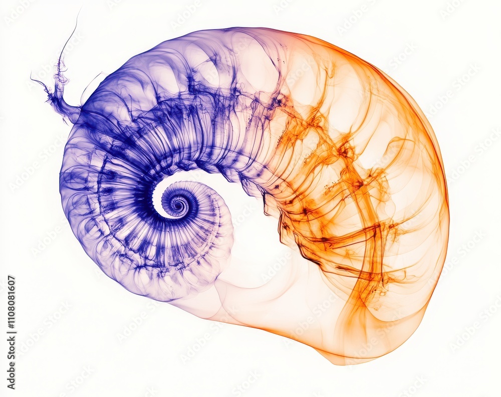 Poster abstract representation of a spiral shell with vibrant blue and orange smoke textures, showcasing a 