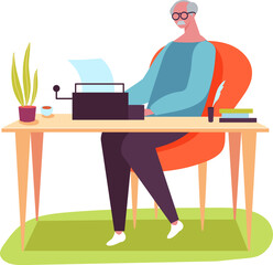 Fototapeta premium Elderly author typing on vintage typewriter in cozy home office, fully immersed in creative writing process