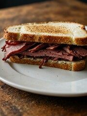 Pastrami sandwich on a plate.