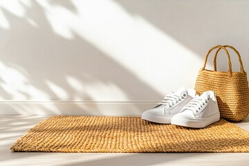 White Sneakers, Woven Bag, and Jute Rug on White Wall