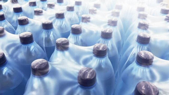 Close Up View of Plastic Water Bottles in Shrink Wrap Package on Store Shelf, Industrial Storage Pattern