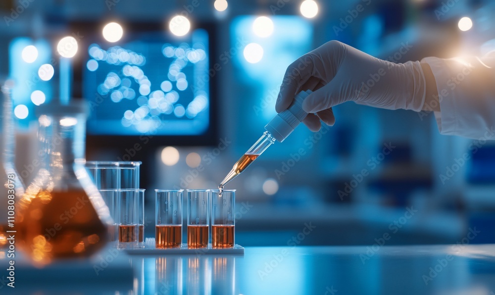 Poster scientist's gloved hand using pipette adding liquid to test tubes in lab.