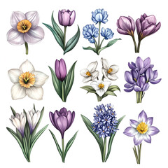 Fototapeta premium Collection of hand-drawn colorful flowers in a botanical illustration style with white background