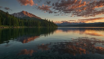 Peaceful lake, water, and sunset with forest and mountains.