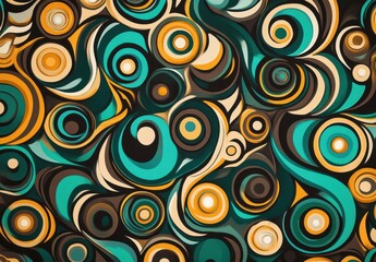 Fototapeta premium Vibrant Abstract Swirl Pattern Featuring Curvy Lines and Geometric Circles in Rich Teal, Gold, Brown, and Cream Tones for Modern Artistic Designs
