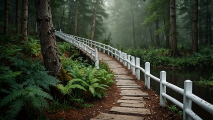 Fototapeta premium Peaceful path leading to a little white bridge in a forest.