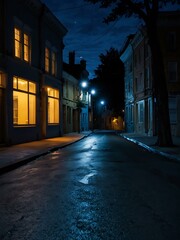 Peaceful street scene at night with blue lighting.