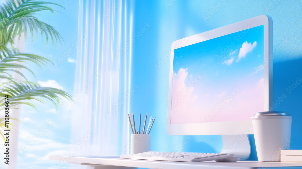 Poster bright workspace with computer and plants by window on a sunny day in a modern setting