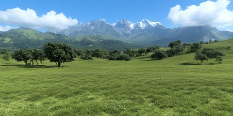Fototapeta premium Majestic snow-capped mountains overlooking lush green meadow with scattered trees. Scenic landscape of pristine nature. Serene wilderness for eco-tourism, hiking, and outdoor adventure.