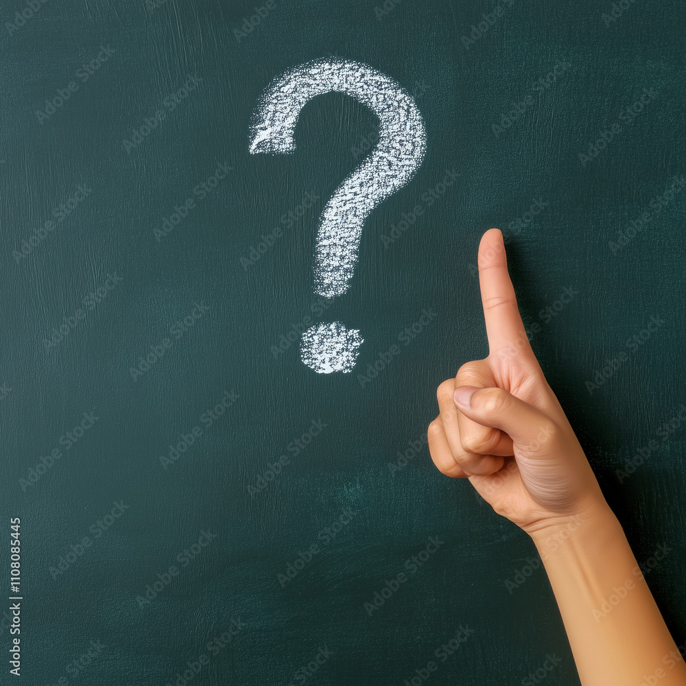 Poster hand pointing up with question mark drawn on chalkboard in classroom setting
