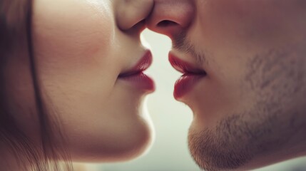Profile of a couple touching lips. Close-up of the lips. Man and a woman.