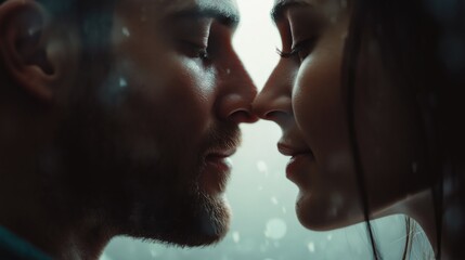 Profile of a couple touching lips. Man and a woman kiss.