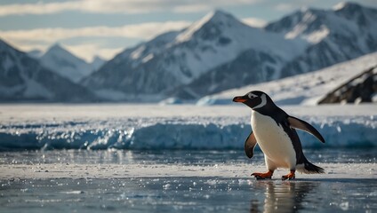 Penguin ice skating with snowy mountains.