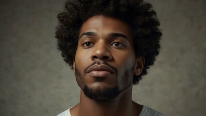 Fototapeta premium Pensive African American man with an afro, gazing upwards.