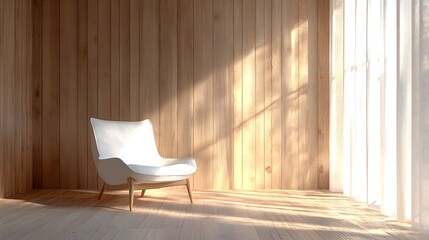 White armchair in sunlit wooden room.