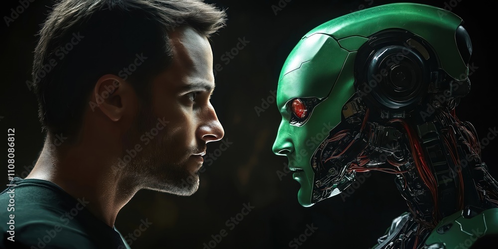 Aufkleber Man, AI robot face each other in dark studio. Serious expressions. Futuristic tech theme. Possible themes technological advancement, AI, robotics, future, human vs machine, innovation, modern tech.