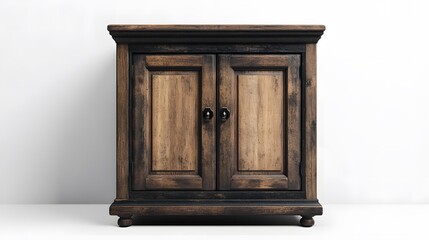 Fototapeta premium Dark brown wooden cabinet with two doors and black accents.