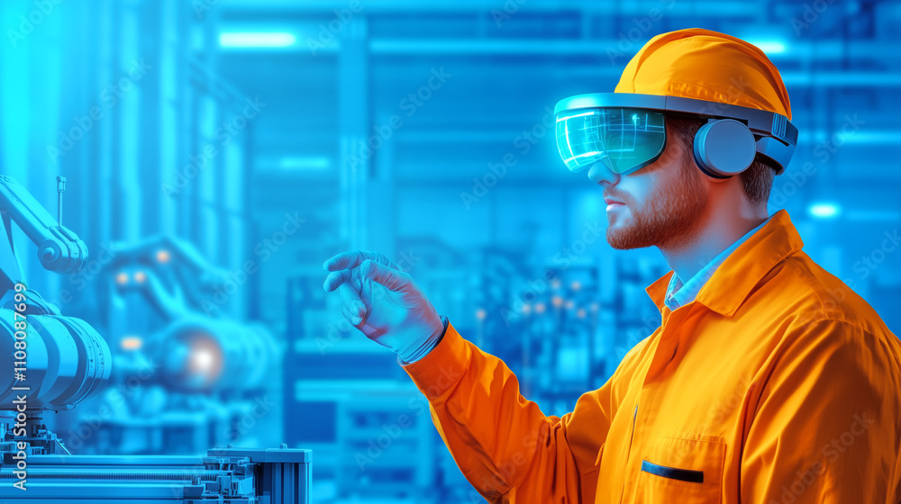 Poster worker in orange uniform using augmented reality glasses in a modern industrial setting