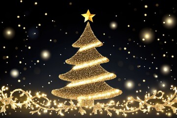  New year tree composition. The golden tree on a black background creates a festive and luxurious atmosphere. Glitter and glitter give the image a festive charm. Ideal for creating New Year&rsquo;s cards, p