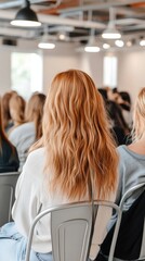Obraz premium A group of women attentively listens during a seminar in a modern conference room, AI