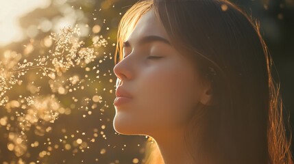 Fototapeta premium Allergic woman sneezes from pollen in spring, highlighting seasonal health issues