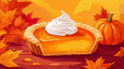 Cartoon pumpkin pie with custard filling and whipped cream as an autumn treat 