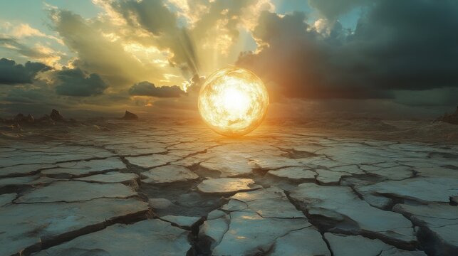 Dramatische landschaft mit sonne und rissiger erde