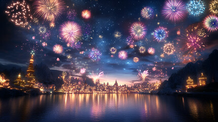 Naklejka premium Spectacular fireworks display over a city by the water during a vibrant night sky