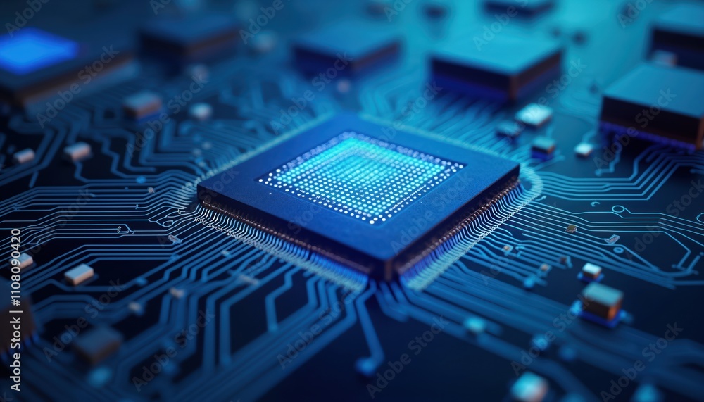 Fototapete closeup view of complex blue computer chip on circuit board. chip detailed pattern of glowing square