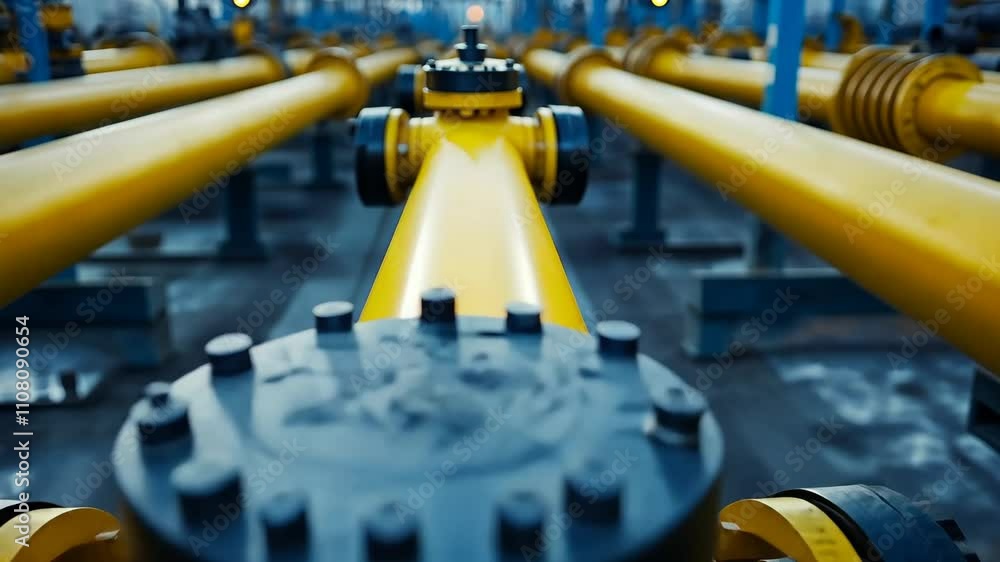 Poster industrial pipeline network with yellow pipes in a factory setting during daylight hours
