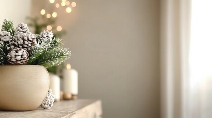 Festive winter decor with frosted pinecones and candles on a wooden table, AI