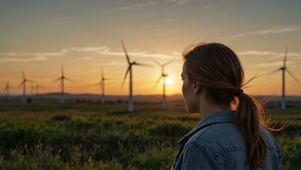 Person watching wind turbines at sunset.