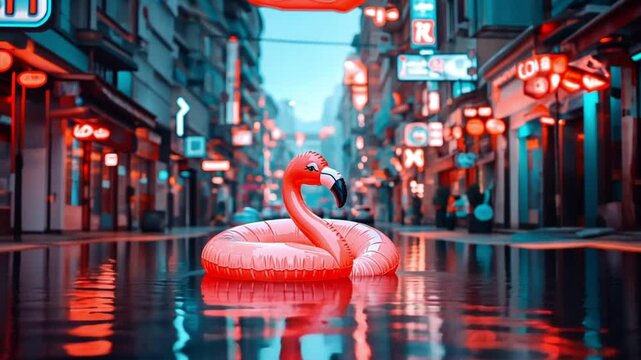 A pink flamingo floatie sits in a flooded city street, a whimsical contrast to the neon lights.