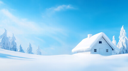 Winter landscape with a snow-covered house and trees