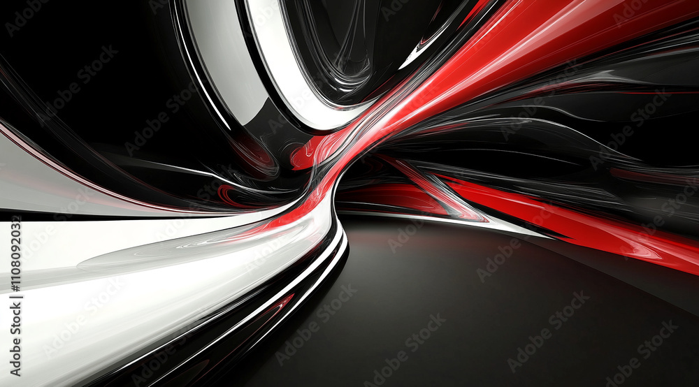 Poster abstract curves in black, red, and white with smooth transitions and bold contrasts capturing dynami