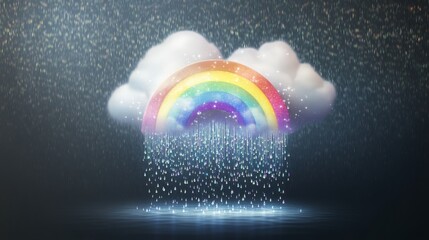 Rainbow and raindrops icon isolated on a transparent stormy background with a white cloud.