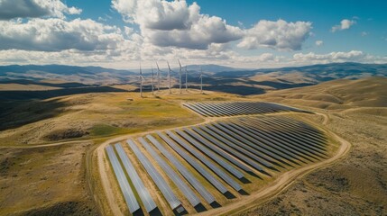 Obraz premium Solar panels and wind turbines on a hill, emphasizing renewable clean energy.
