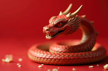 Fototapeta premium fairytale wooden oriental serpent or dragon on red background