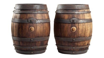 Obraz premium Two antique wooden barrels with metal bands isolated on white.