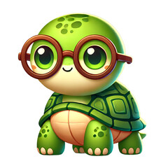 Obraz premium A cute cartoon turtle with big glasses, a green shell, and a friendly smile, looking adorable.