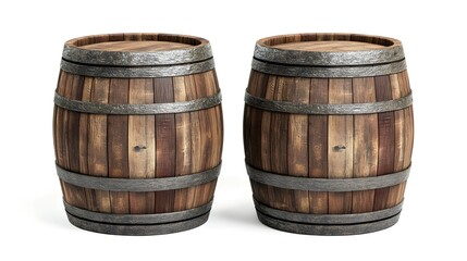 Obraz premium Two wooden barrels with metal bands, isolated on white background.