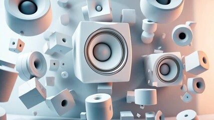 White speakers floating in mid-air against a white background.