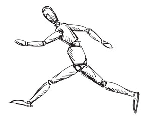 Contour hand drawing of running human figure, wooden doll, mannequin, sketch, vector illustration isolated on white