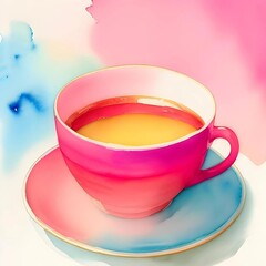 Fototapeta premium Pink cup of coffee on colorful background. Watercolor style.