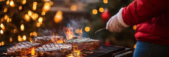 Christmas BBQ  Grilling Steaks  Festive Lights  Holiday Feast