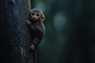 Obraz premium Tiny Monkey Clinging to Tree in Shadowy Jungle
